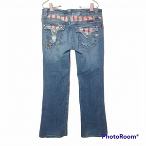 Miss Me Corona Red Plaid Inset Studded Bootcut Distressed Blue Jeans Flap Pocket